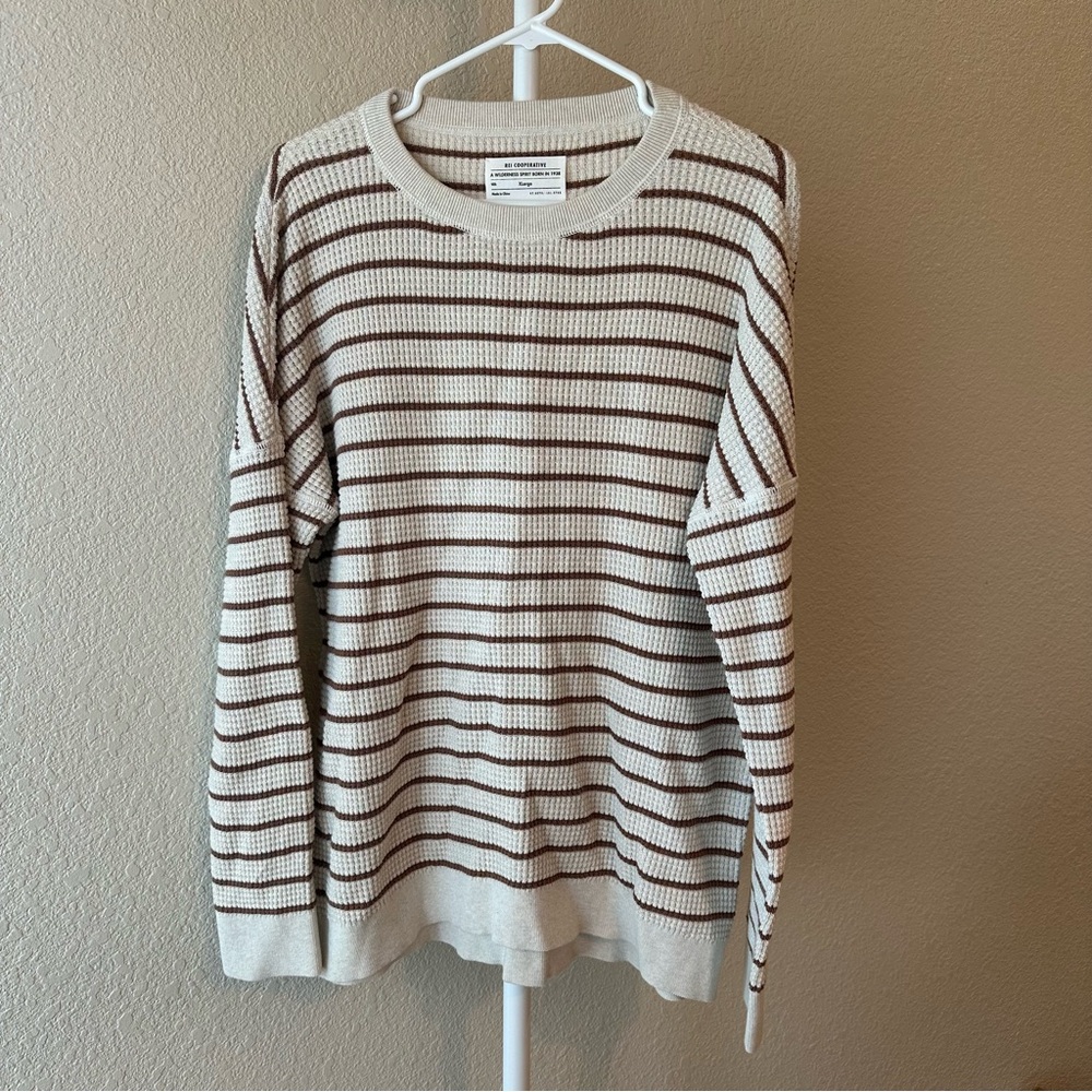 REI Co-op Wallace Lake Waffle Sweater stripe brown and tan 100% cotton size XL